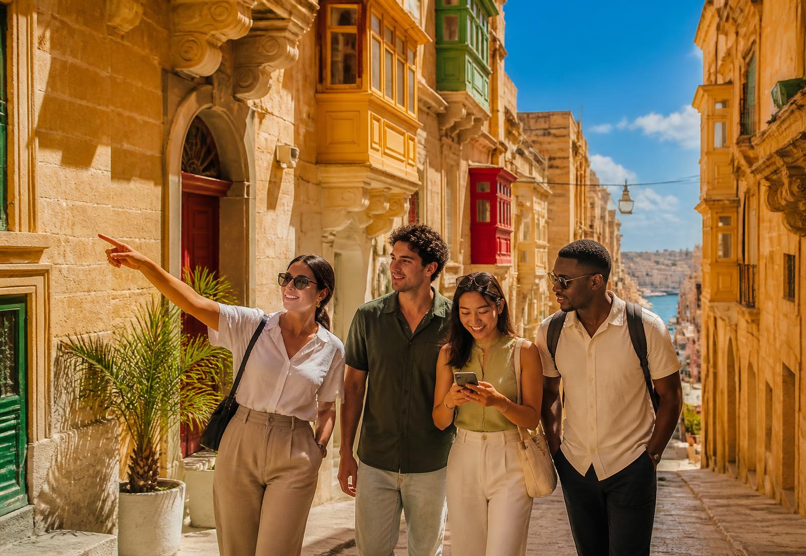 A team walking together through a limestone street in Valletta, Malta