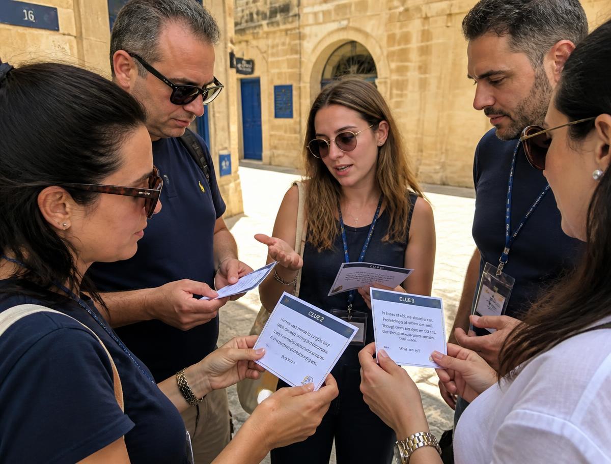 Colleagues comparing clue cards with each other during a challenge in a Maltese square